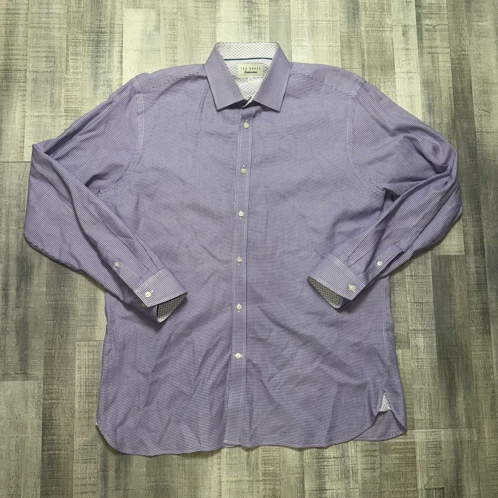 Ted Baker Endurance Shirt Mens 16.5 Purple Birdseye Weave Contrast French Cuff